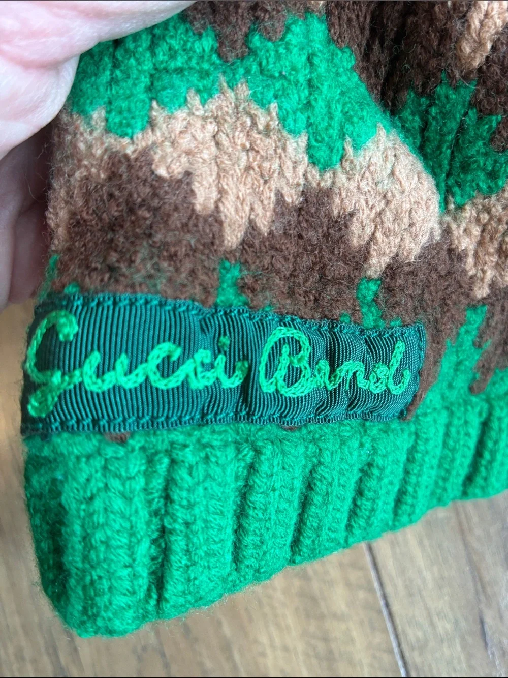 Gucci Green Brown Tan Knit Logo Beanie